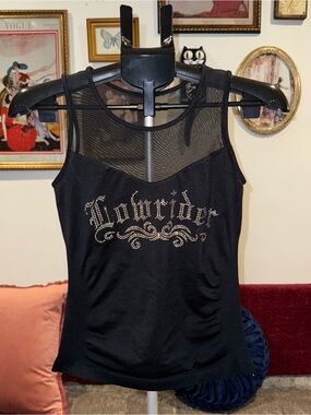Lowrider Black Mesh Rhinestone Graphic Tank Top